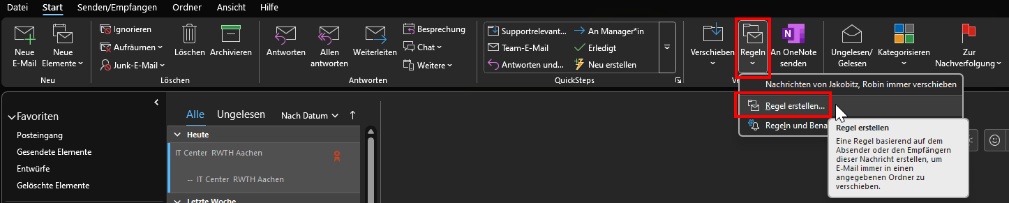 Screenshot of the start page in Outlook, which graphically displays the selection of navigation elements from step 2
