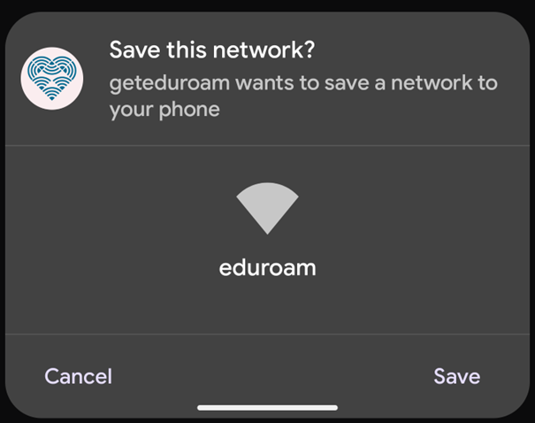 Die Abfrage, ob das eduroam-Netzwerk auf Ihrem Telefon gespeichert werden soll Die Abfrage, ob das eduroam-Netzwerk auf Ihrem Telefon gespeichert werden soll
