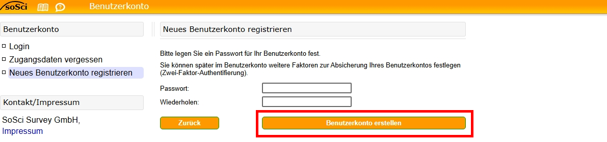 Screenshot des Registrierungsformulars. Sie müssen das Passwort zweimal eingeben. Darunter befindet sich die Schaltfläche "Benutzerkonto erstellen".