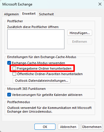 View from the “Advanced” tab in the Outlook settings. In the middle of the view, under the “Exchange Cache Mode Settings” tab, the check mark has been removed from the box next to “Download shared folders.” The check mark next to “Use Exchange Cache Mode” is the only one set in this section of the view. Another check mark is also set under the “Microsoft 365 Features” tab.