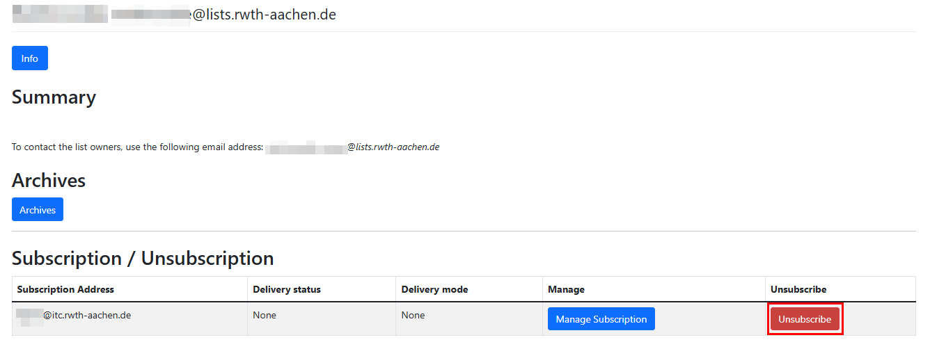 Screenshot of a list's settings. Under Subscription/Unsubscription, a table with one row and 5 columns is displayed. The button Unsubscribe is located in the fifth column, also called Unsubscribe.