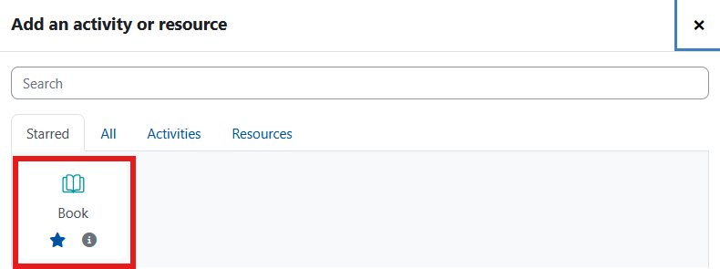 Screenshot of the list of available activities and resources. The book resource has been highlighted.