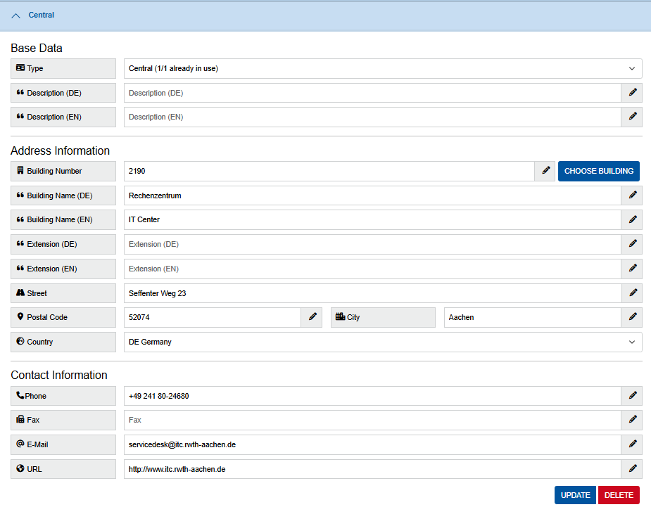 Screenshot of the “Central” section. All existing information is displayed here. The “Update” button comes after the URL. The “Delete” button comes after the “Update” button