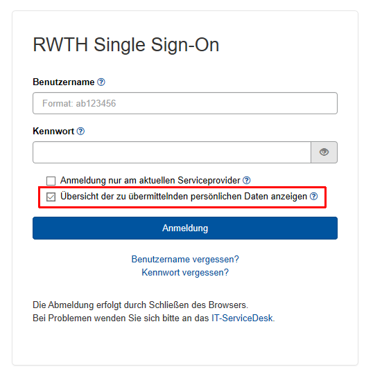 Das Bild zeigt die Anmeldung über RWTH Single Sign-On