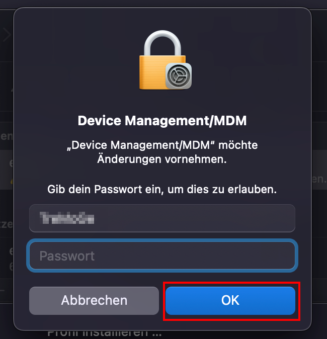 Screenshot des Popup-Fensters "Device Management/MDM". Darunter können Sie Ihren Benutzernamen und Ihr Passwort eingeben. Darunter befinden sich die Schaltflächen Abbrechen und OK.