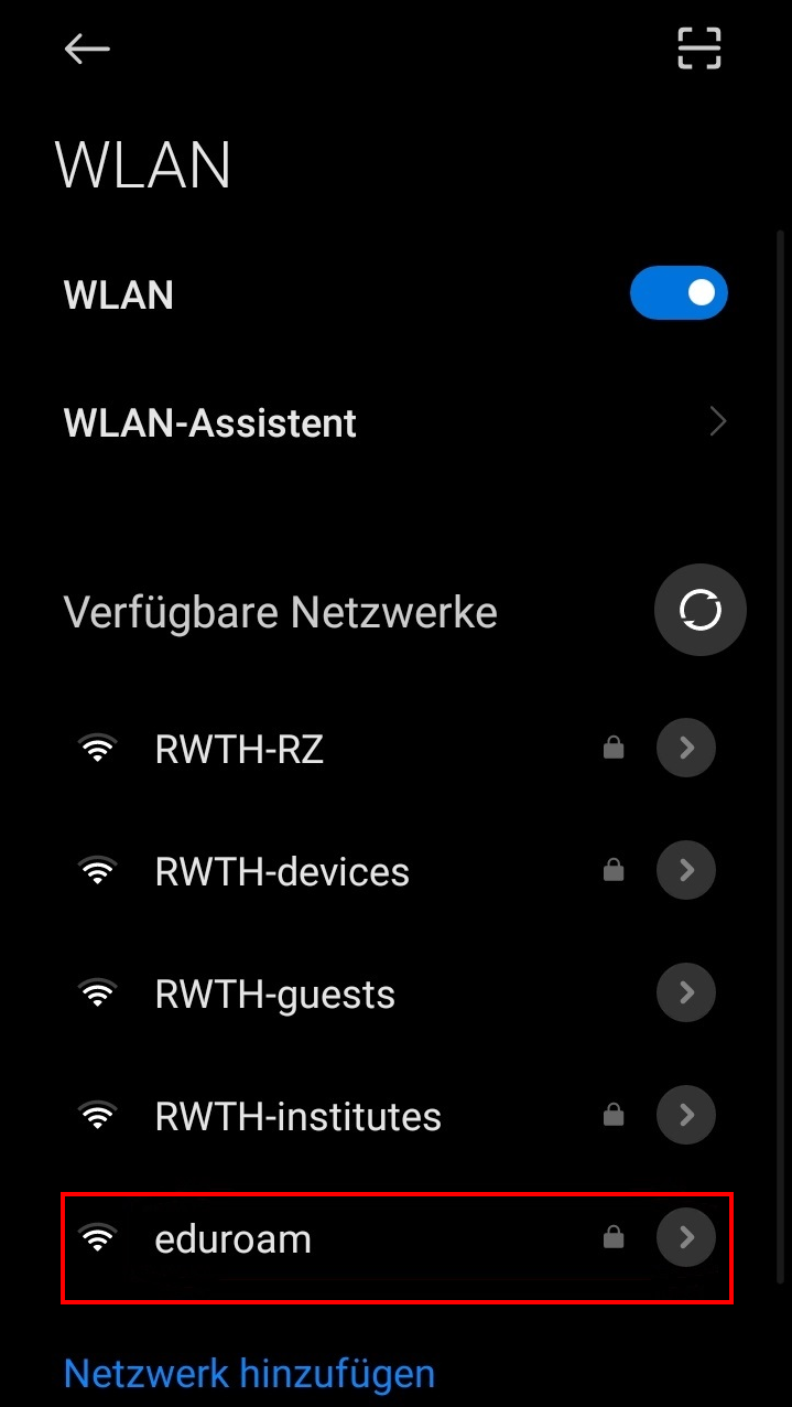 Screenshot der WLAN-Einstellungen. Die Netzwerkliste befindet sich unter "Verfügbare Netzwerke". (Die Darstellung kann je nach Handymodell variieren).