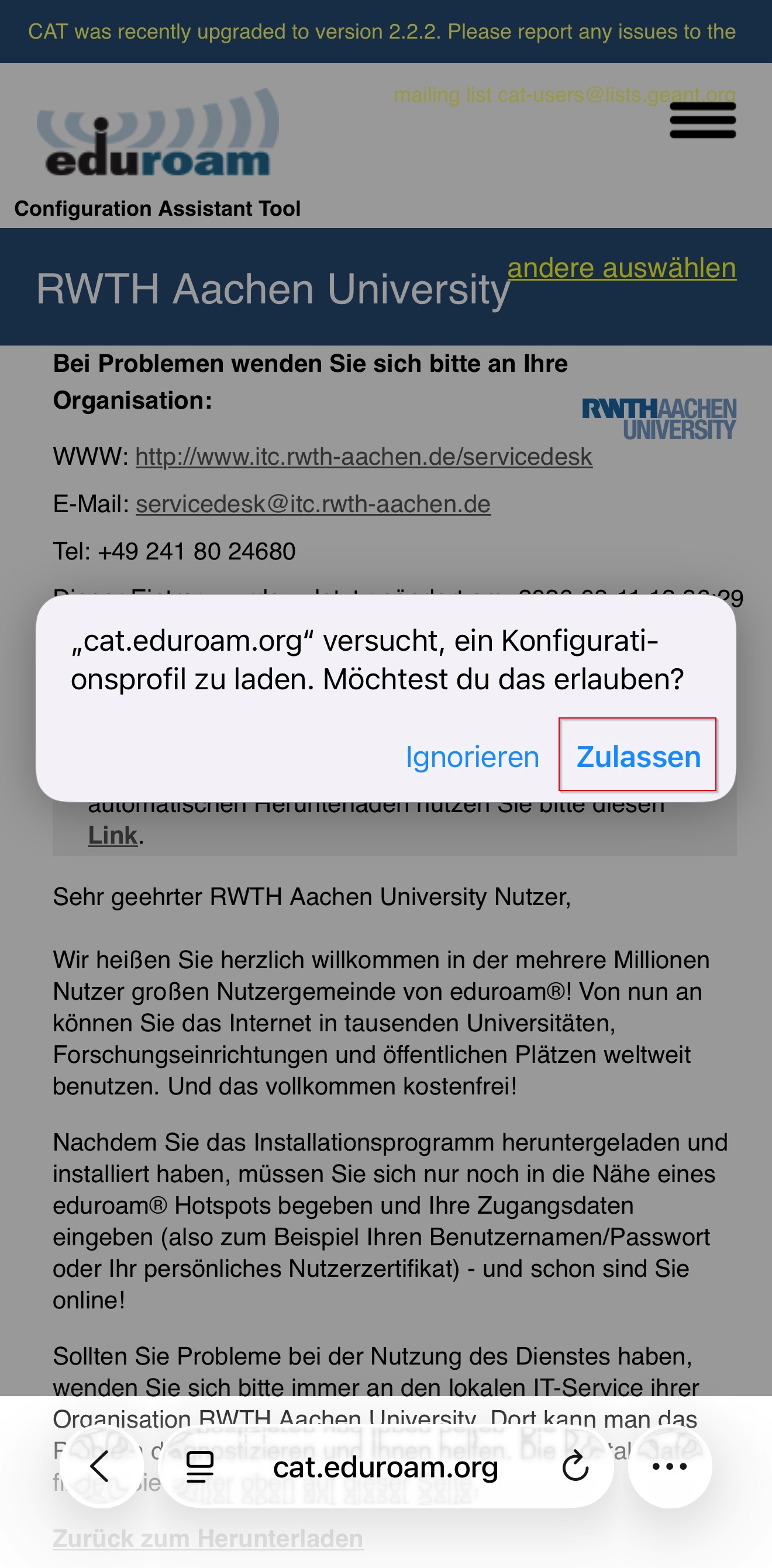 Pop-Up Fensters Konfigurationsprofil