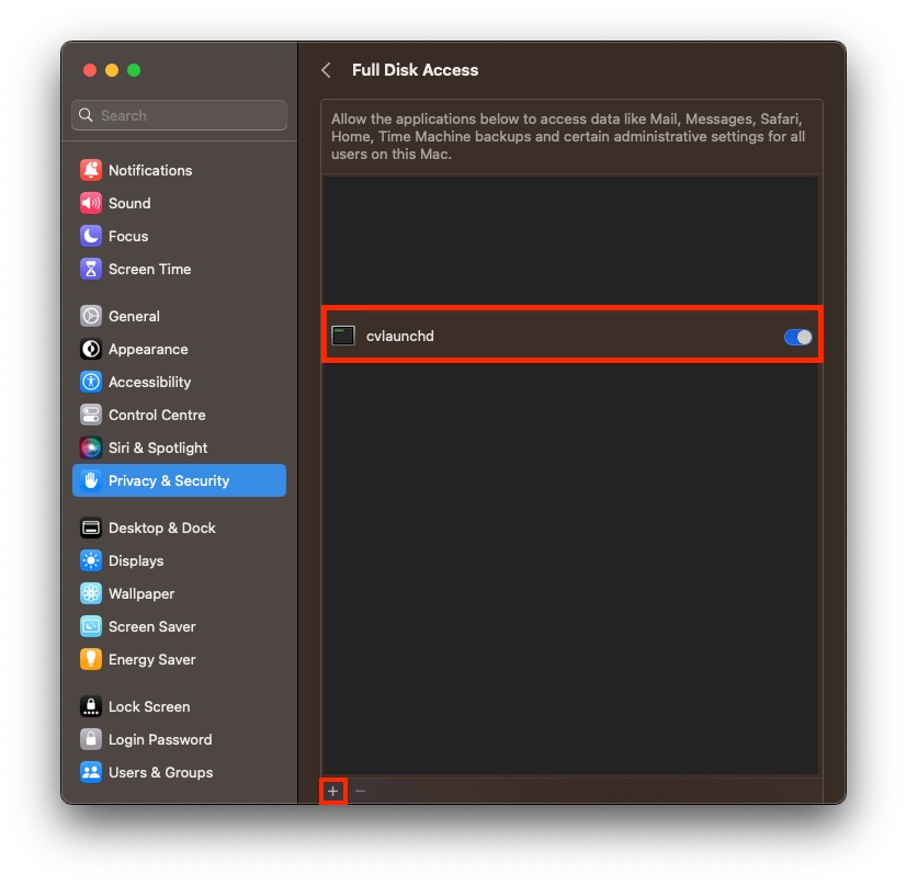 MacOS: From Ventura... > Privacy & Security > Full Disk Access