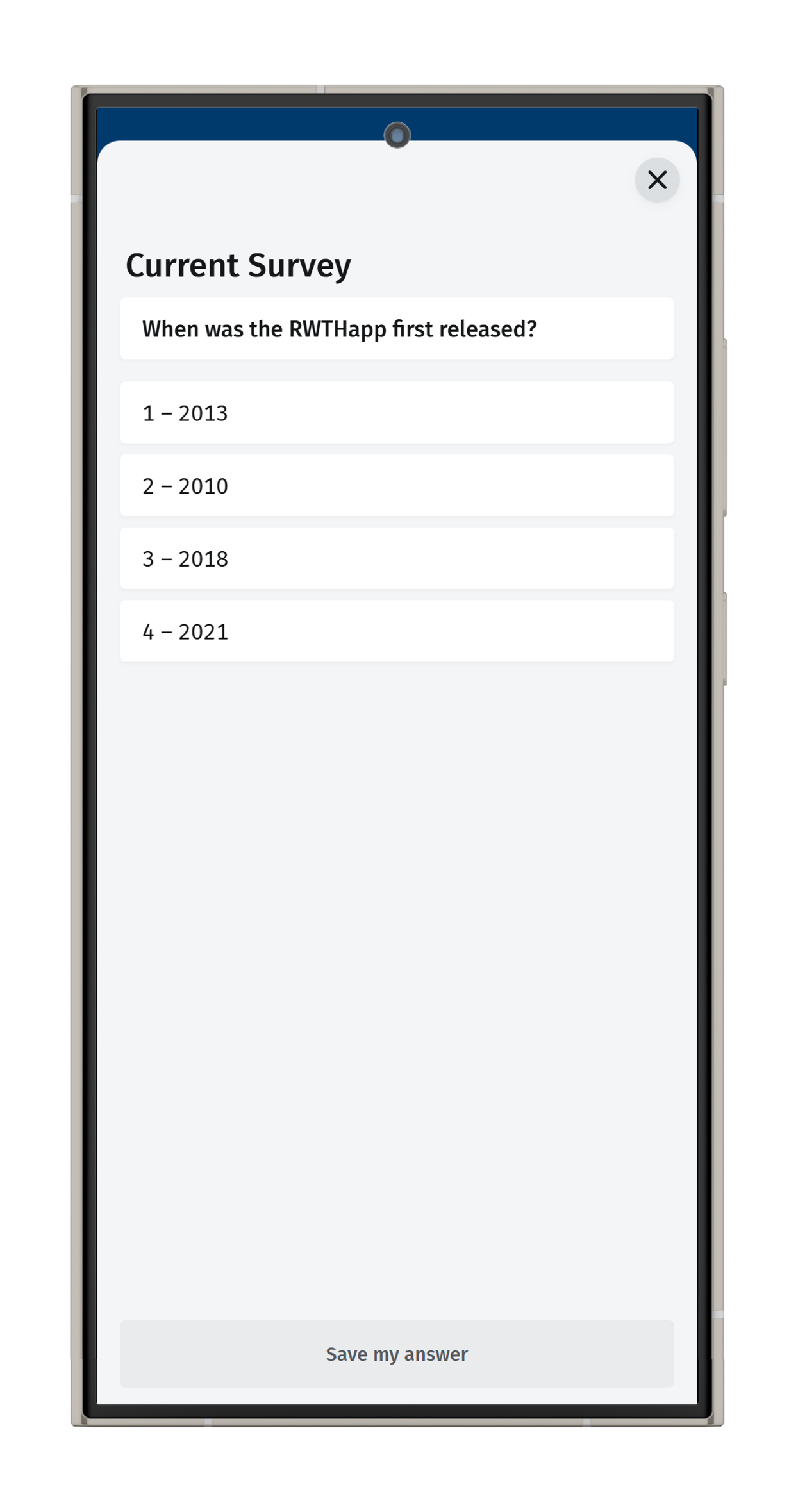 Screenshot of the survey in the RWTHapp. Below the question and the answer options is the button "Save my answer".