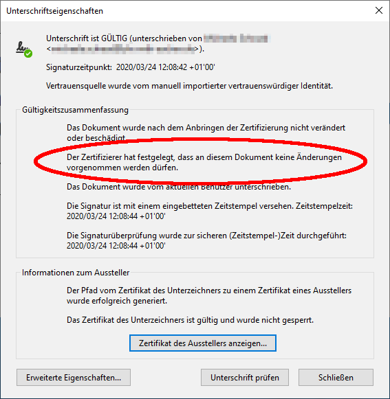 Unterschriftseigenschaften bei nach der Unterschrift gesperrten Dokumenten Unterschriftseigenschaften bei nach der Unterschrift gesperrten Dokumenten