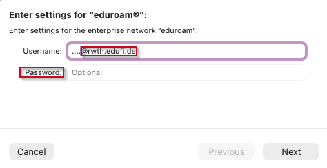 Pop-up window eduroam settings