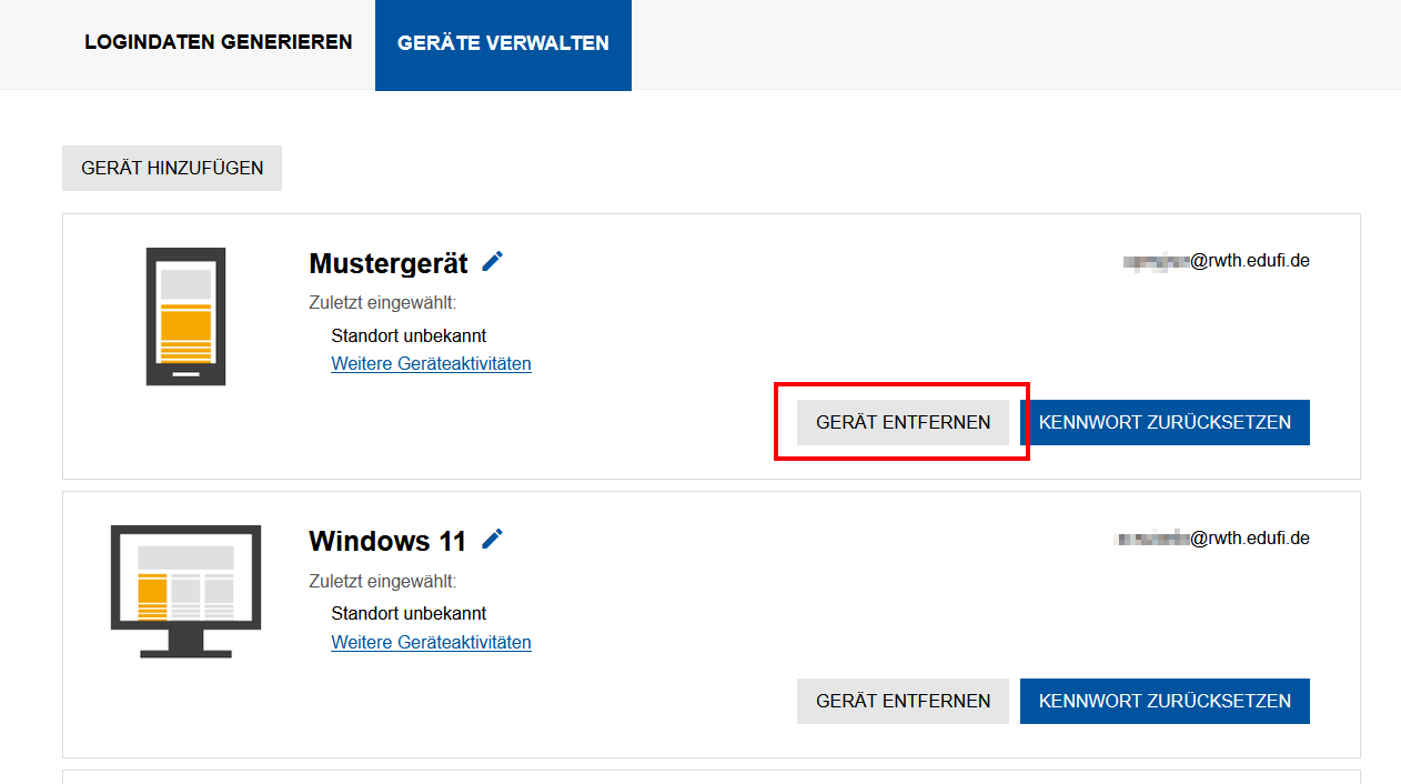 Screenshot der Geräteverwaltung. Die Schaltfläche "Gerät entfernen" befindet sich vor der Schaltfläche "Kennwort zurücksetzen".