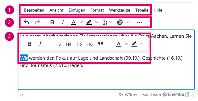 Screenshot: TinyMCE, Bestandteile markiert.