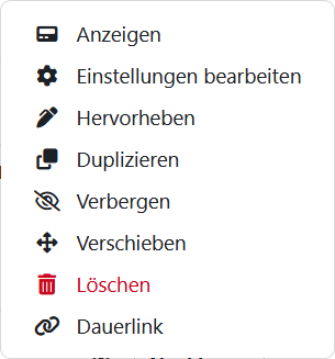 Screenshot: Menü mit den Optionen "Anzeigen", "Einstellungen bearbeiten", "Hervorheben", "Duplizieren", "Verbergen", Verschieben", "Löschen" und "Dauerlink".