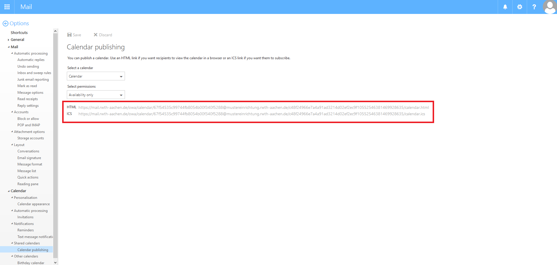 E-Mail > OWA Berechtigungen > 04_Link_en.png Screenshot of the Calendar window, which graphically displays the selection of options from step 4. After step 3, the links are displayed in the same window.