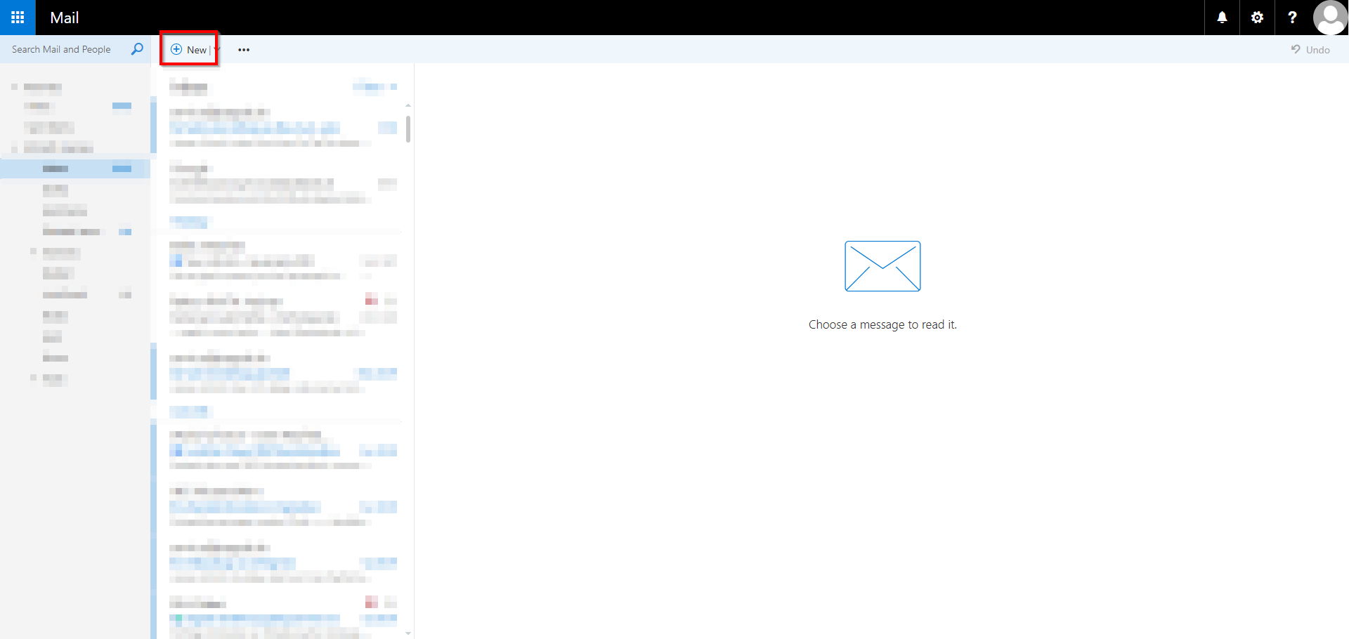 Screenshot of the RWTH Mail app showing the “New” button to the right of the search field.