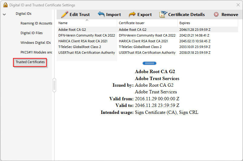 Five trusted certificates are displayed. They are: Adobe Root CA G2, DFN Association Community Root CA 2022, HARICA Client RSA Root CA 2021, T-TeleSec GlobalRoot Class 2, and USERTrust RSA Certification Authority.