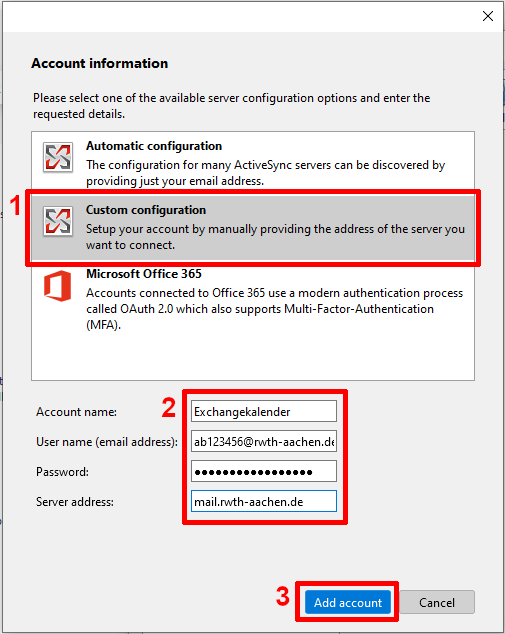 Configure the new account Screenshot of the TbSync account information window, which graphically displays the selection of options from step 3.