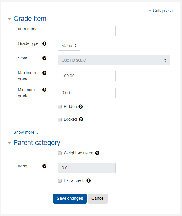 Create grade item Screesnhot: create grade item