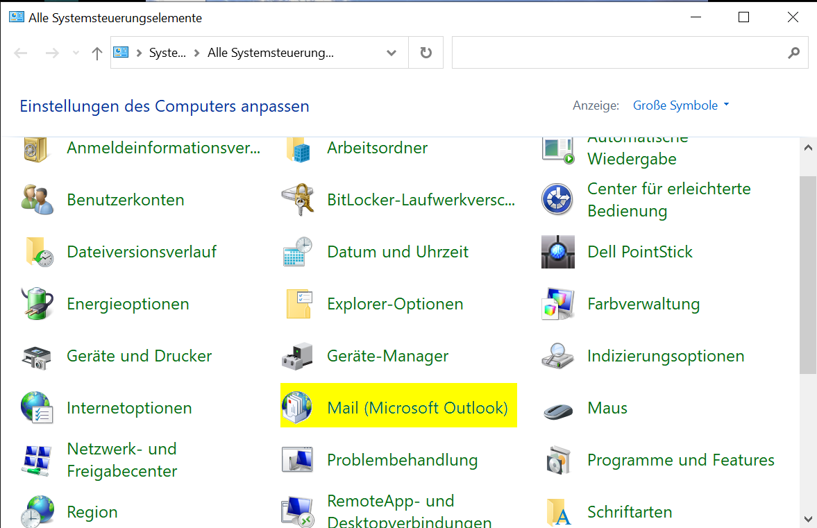 Mail-Option in der Windows-Systemsteuerung auswählen Mail-Option in der Windows-Systemsteuerung auswählen