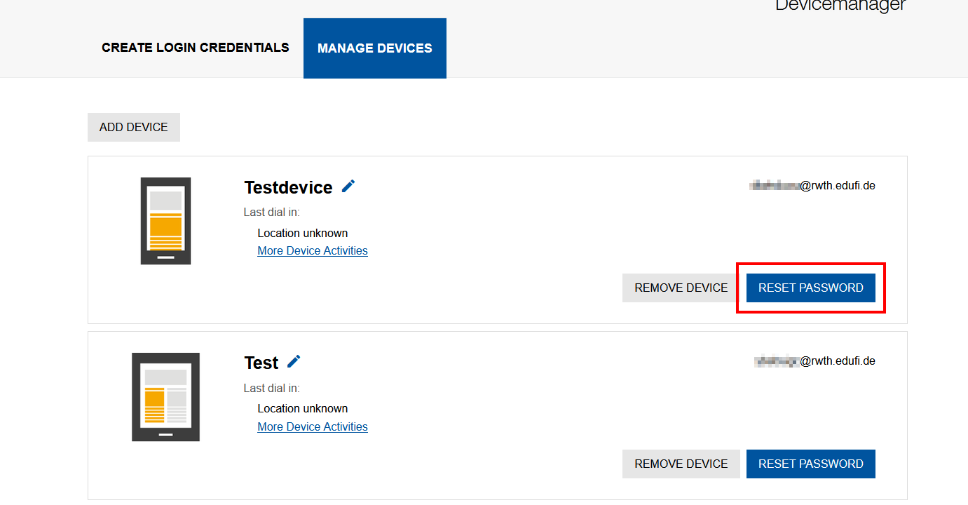 Screenshot of the device management. The “Reset password” button is located after the “Remove device” button.