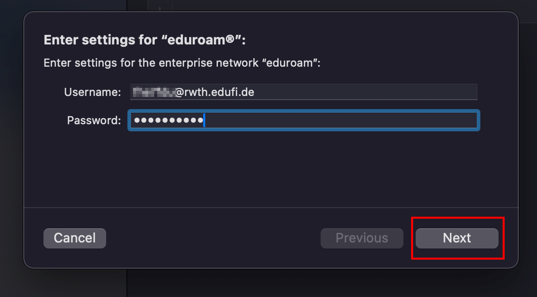   Screenshot of the pop-up window "Enter settings for eduroam". Under "Username" and "Password" you can enter your login credentials. Below this is the 'Next' button.
