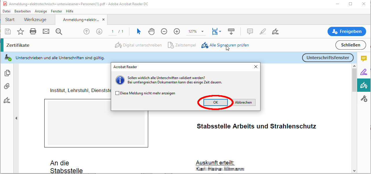 Prüfung aller elektronischen Unterschriften durchführen Prüfung aller elektronischen Unterschriften durchführen