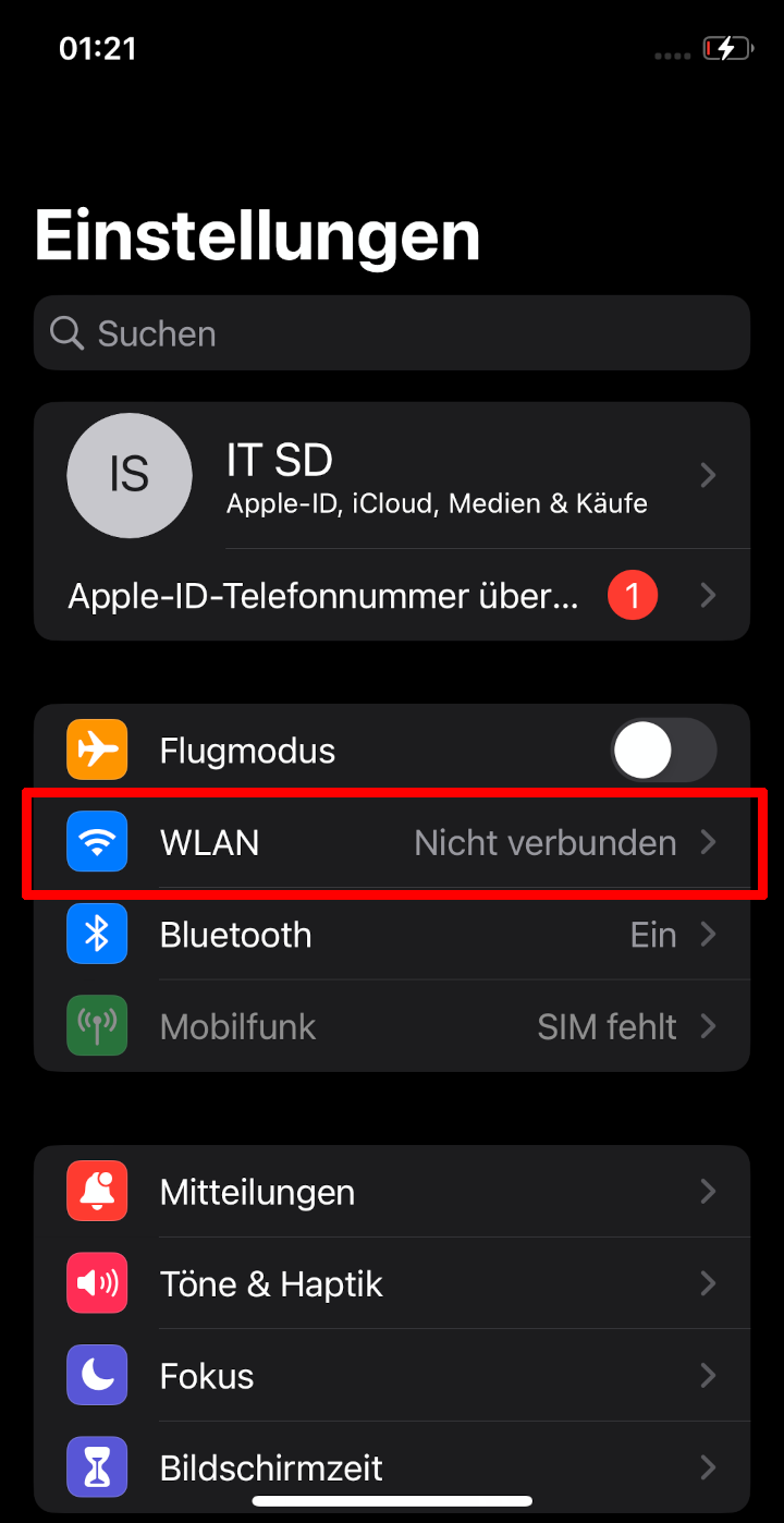 Screenshot der Einstellungen. Der Punkt WLAN befindet sich zwischen dem Flugmodus und dem Bluetooth.
