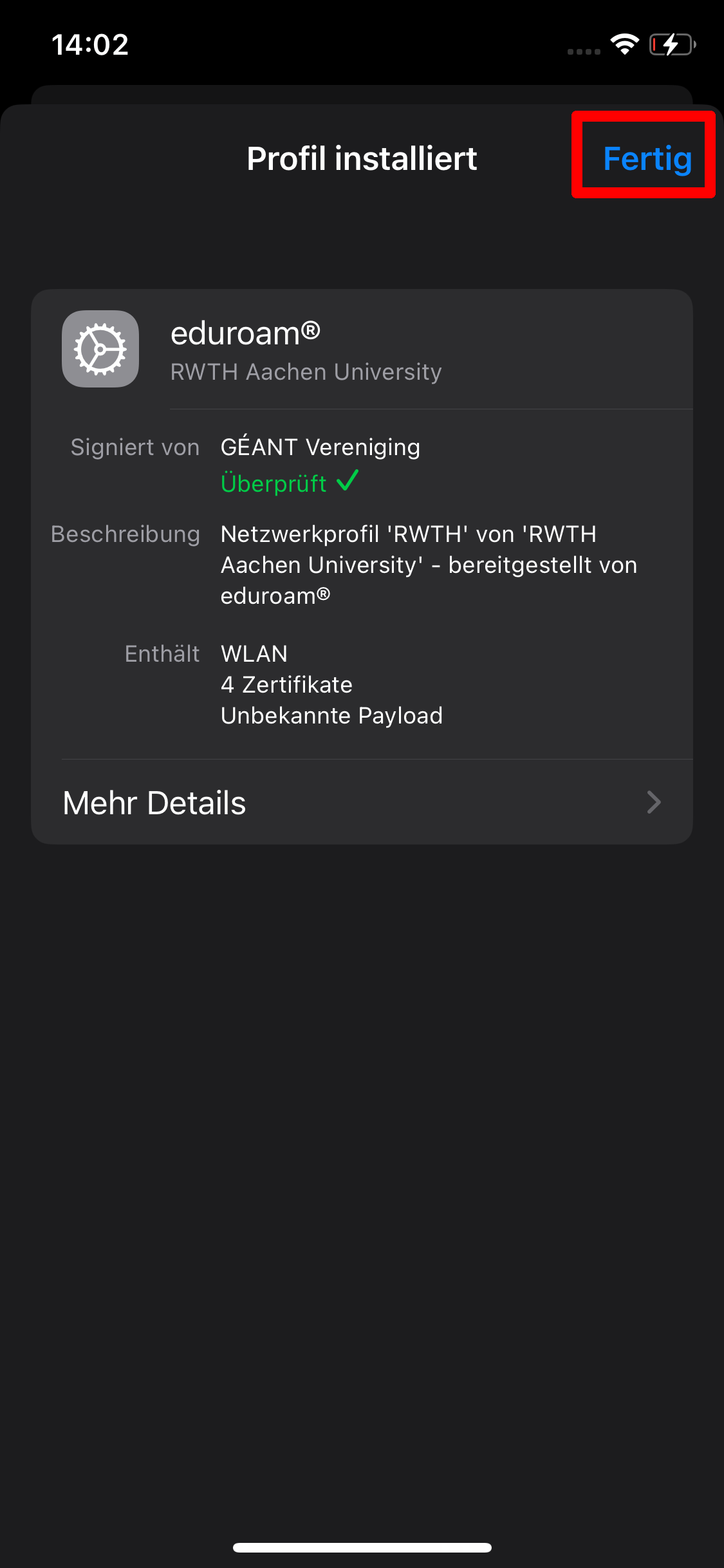 Screenshot der Seite "Profil installiert". Das Profil wird noch einmal angezeigt.