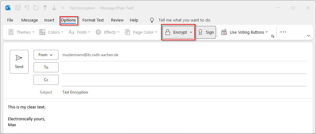 New Message window in Outlook. In the Options tab, the option Verschlüsseln (encrypt) is selected.