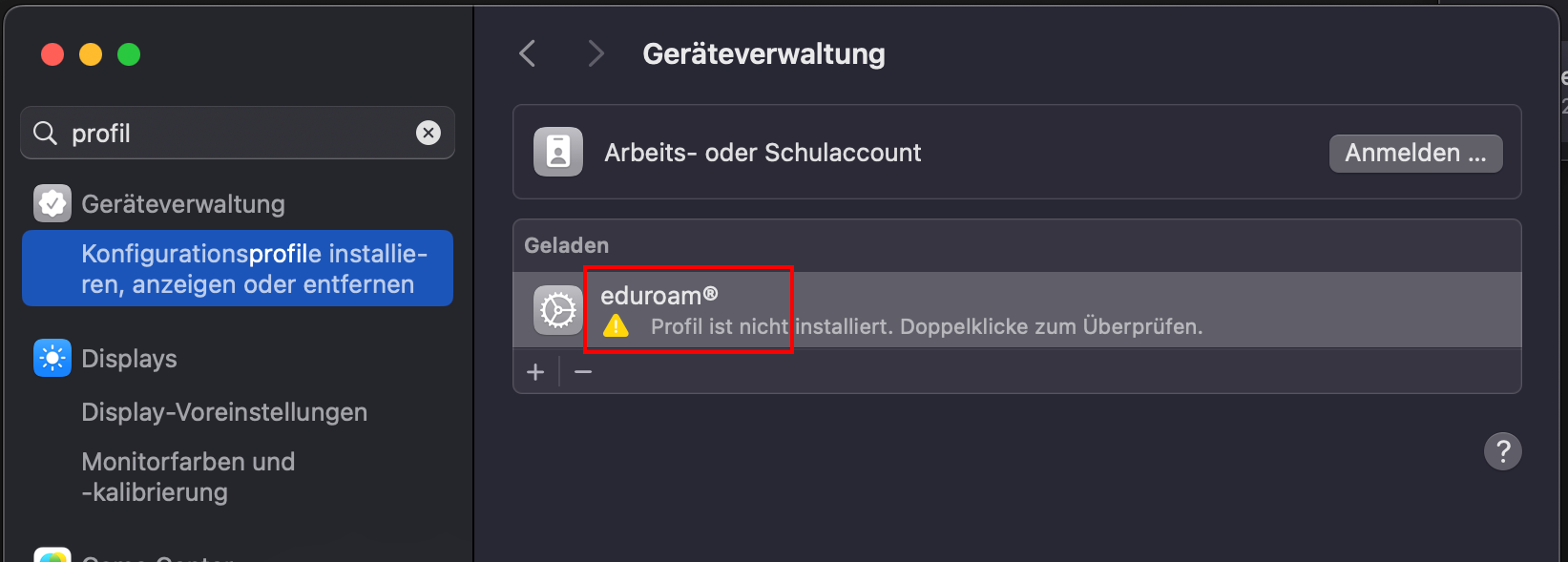 Screenshot der Geräteverwaltung. Unter "Geladen" finden Sie das eduroam-Profil.