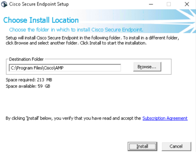 Das Bild zeigt ein Dialog-Fenster von Cisco Secure Endpoint mit der Option zur Auswahl von Installationsort