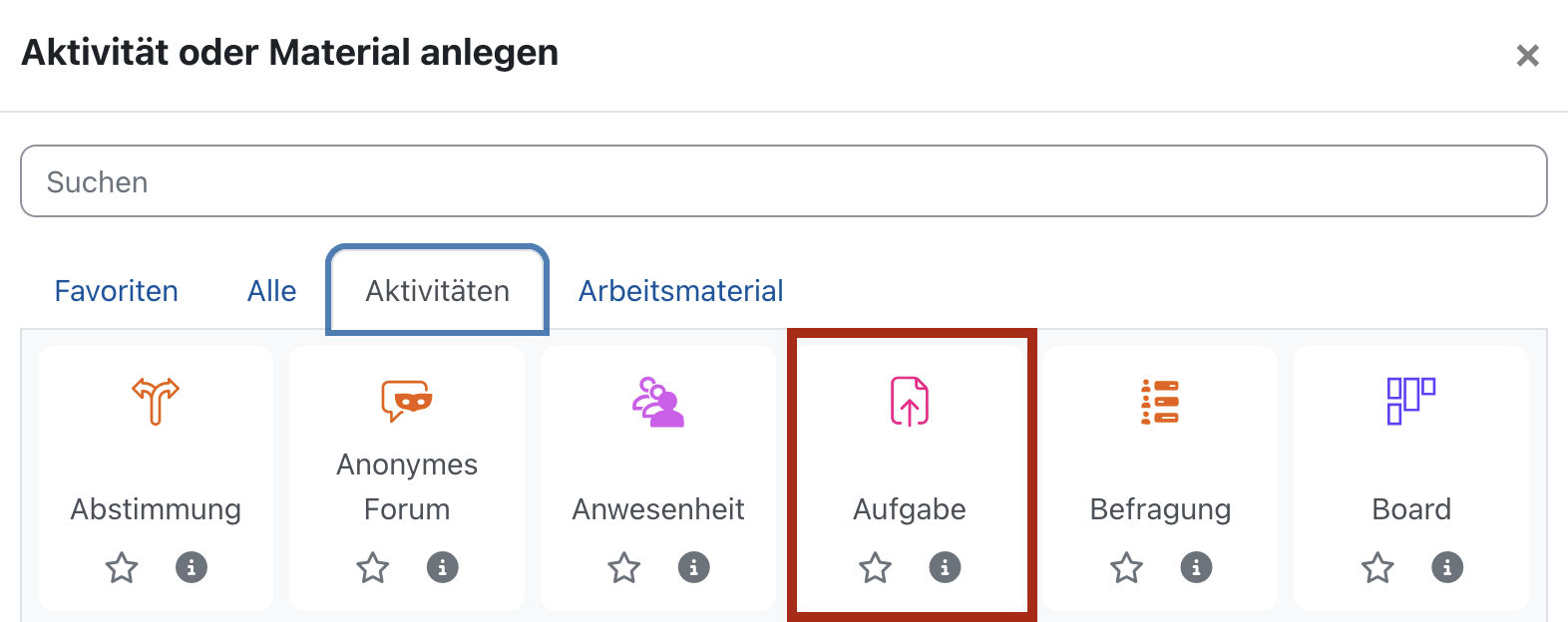 Screenshot des Aktivitätsauswahldialogs. Der Reiter "Aktivitäten" ist geöffnet und die Aktivität "Aufgabe" hervorgehoben.