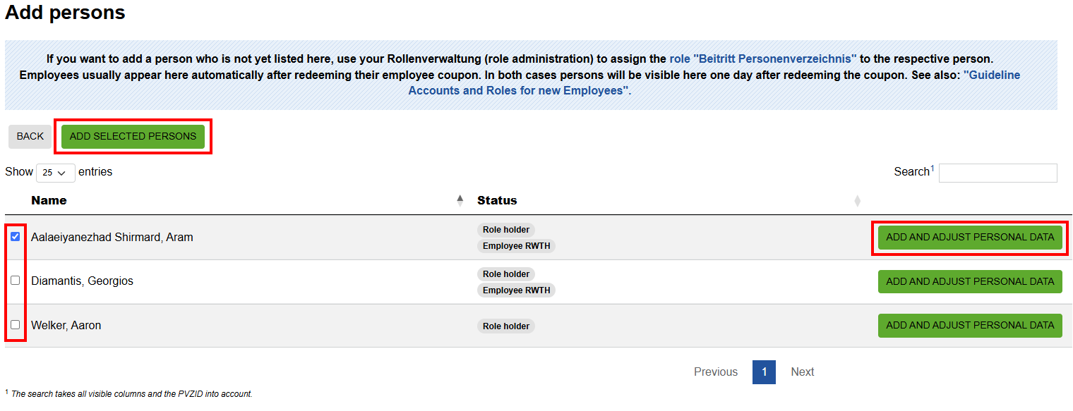 Screenshot of the ‘Add persons’ page. The ‘Add selected persons’ option is located above the table, after the back button and after the status in the row of the respective person.