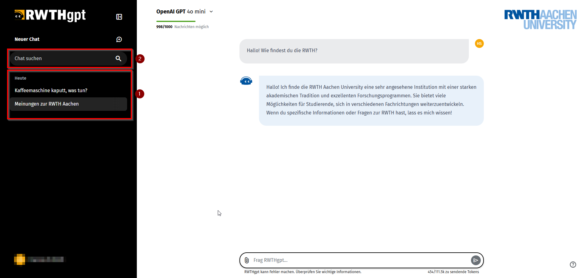 Screenshot der RWTHgpt Benutzeroberfläche auf dem links das Eingabefeld "Chat suchen" und der Chatverlauf markiert sind.