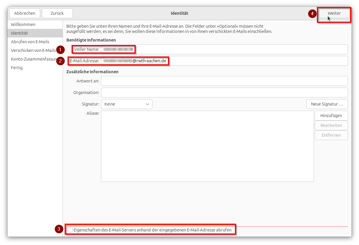 Screenshot des Fensters "Identität" auf dem mittig die Felder "Voller Name" und "E-Mail-Adresse", sowie oben rechts der Button "Weiter" und im unteren Bereich "Eigenschaften des E-Mail Servers anhand der eingegebenen E-Mail-Adresse abrufen" markiert ist.