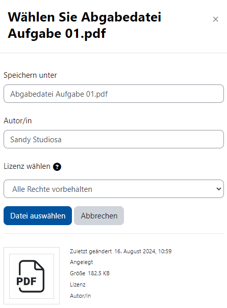Screenshot des Fensters mit Infos zur ausgewählten Datei. Es können Angaben zu Autor*in und zur Lizenz ergänzt werden. Zudem werden Infos zu Größe, Typ und zur letzten Änderung angezeigt.