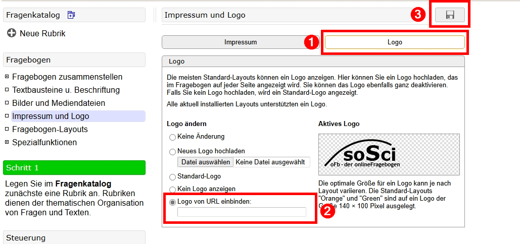Screenshot der Registerkarte "Logo". Unter "Logo ändern" haben Sie 5 Auswahlmöglichkeiten. "Logo von URL einblenden" ist die fünfte davon.