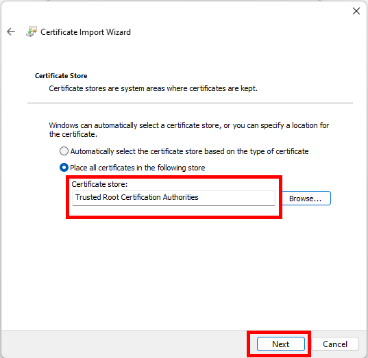 Screenshot of the certificate import wizard. "Trusted Root Certification Authorities" is now displayed under "Certificate Store."