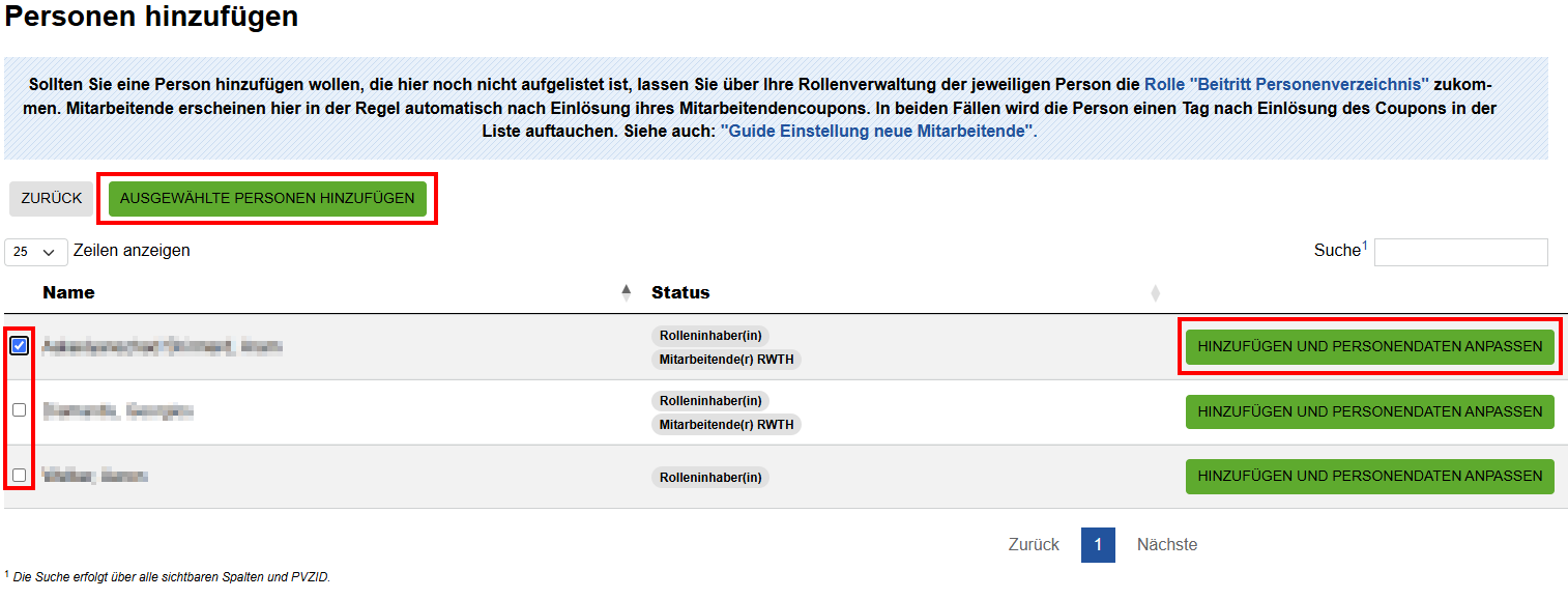 Personen hinzufügen Screenshot der Seite „Personen hinzufügen“ im Personenverzeichnis. Die Option "Ausgewählte Personen hinzufügen“ befindet sich oberhalb der Tabelle, nach dem zurück Button, sowie nach dem Status in der Zeile der jeweiligen Person.