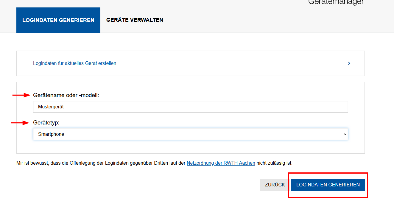 Screenshot der Registerkarte Logindatengenerieren. Statt "Logindaten für ein anderes Gerät erstellen" wird ein Textfeld unter Gerätename oder -modell und ein Dropdown-Menü unter Gerätetyp angezeigt.