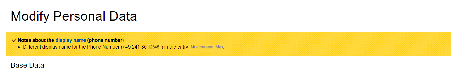Screenshot of the ‘Change personal data’ window in the person directory that displays the error message for the display name mentioned in step 3.