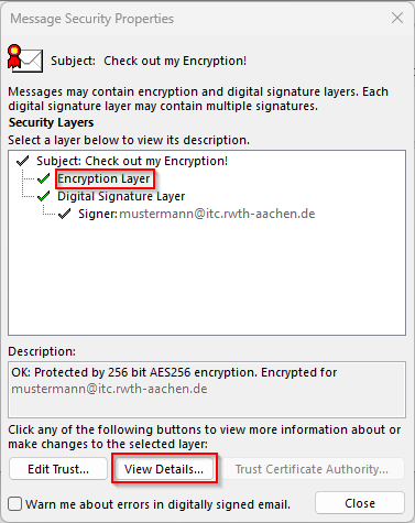 Dialog box Message Security Properties. The button View Details appears below the information about the security layers.