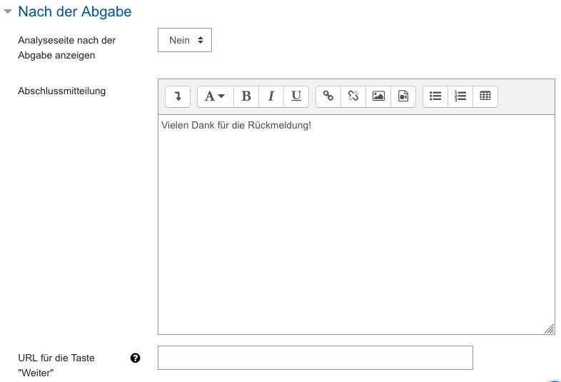 Screenshot Feedback-Einstellungen, Kategorie Nach der Abgabe