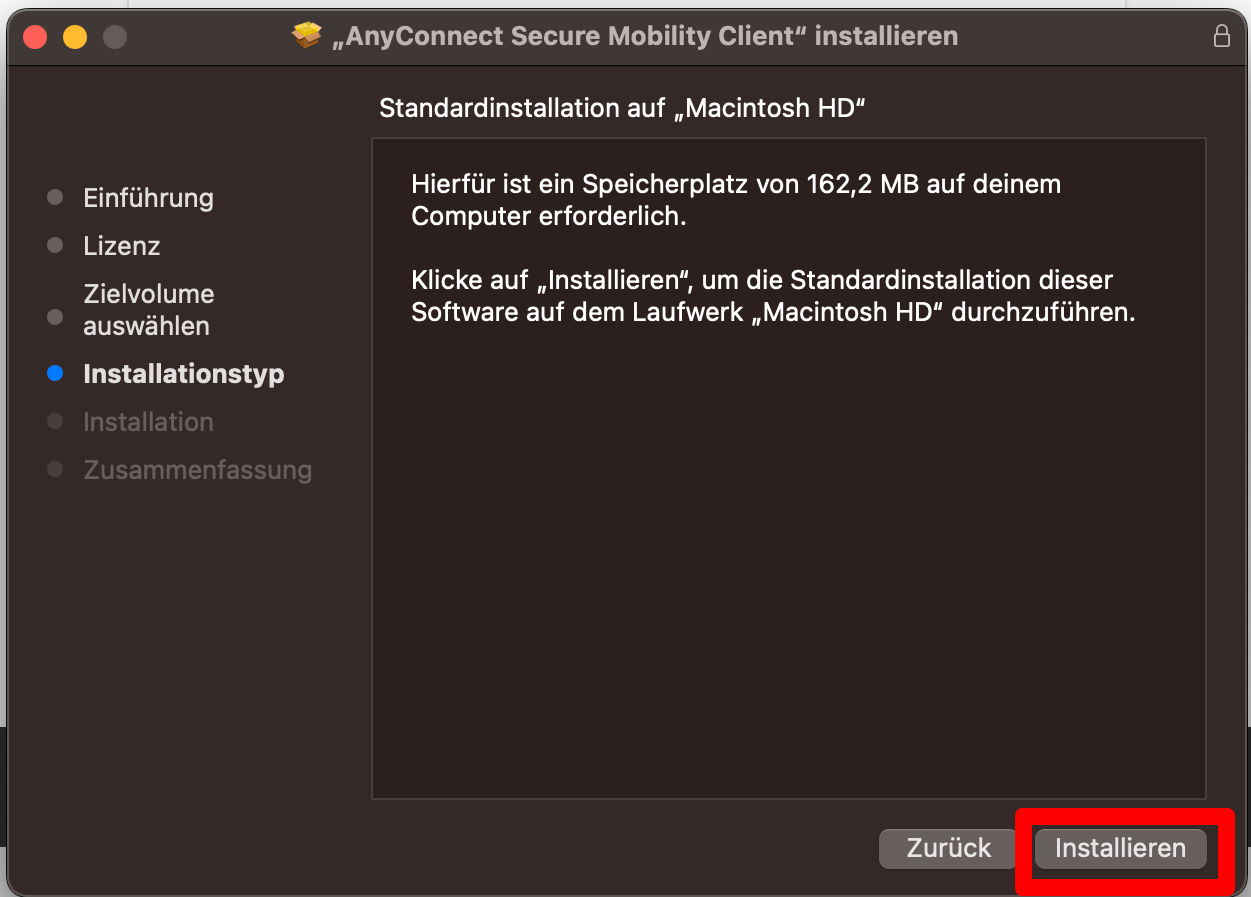 Installationstyp bestätigen Installationstyp bestätigen