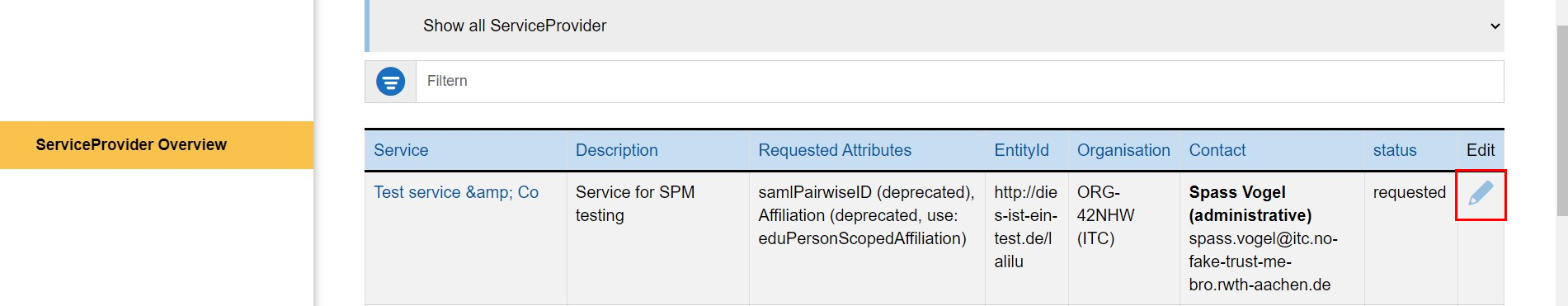 Screenshot of the SPM after logging in. Two additional columns are now displayed in the table after the Contact column: "Status" and "Edit."