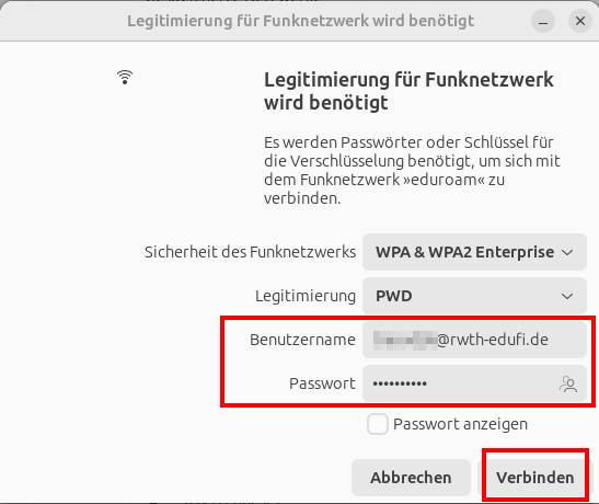 Screenshot des Popup-Fensters mit "PWD" im Dropdown-Menü. Statt "Anonyme Identität" steht nun unter Legitimierung Benutzername und Passwort. Der Benutzername endet mit @rwth.edufi.de.