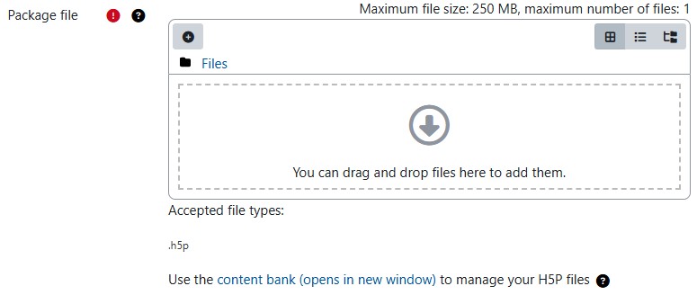 Screenshot of the file upload field to add the H5P package file