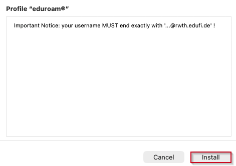 Profile eduroam pop-up window.