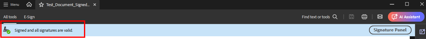 Check Electronic Signature in Adobe Screenshot of the status bar with the valid signature message.